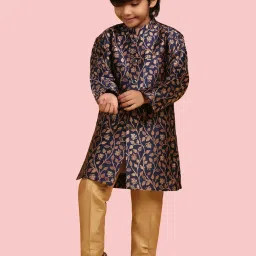 AJ Dezines Kids Blue & Golden Floral Print Full Sleeves Sherwani Set image 4