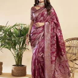 Satrani Maroon Silk Woven Saree With Unstitched Blouse image 1