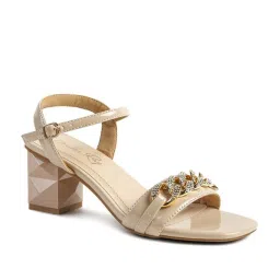 London Rag Women's Geometric Cut Beige Ankle Strap Sandals image 2