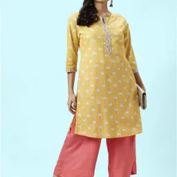 Rangmanch by Pantaloons Mustard Cotton Printed Straight Kurta image 4