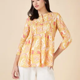 Akkriti by Pantaloons Yellow Cotton Printed 3/4th sleeve Kurti image 1