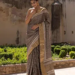 Geroo Jaipur Grey Hand Block Printed Pure Tussar Silk Zari Woven Saree image 5