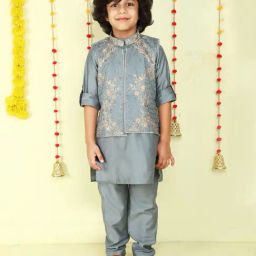 Ministitch Boys Grey Cotton Silk Embroidered Regular Fit Kurta Set-picture-1