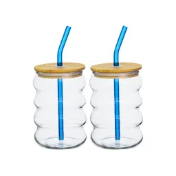 Goodhomes Clear Borosilicate Glass Mason Jar with Color Glass Straw & Wooden Lid - Set of 2 (500 ml) image 3