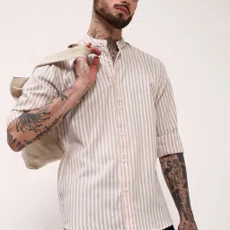 showoffff Showoff Cream Cotton Slim Fit Striped Shirt image 1