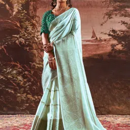 Saree Mall Turquoise Woven Sarees With Unstitched Blouse image 1
