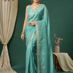 Saree Mall Turquoise Embroidered Sarees With Unstitched Blouse image 1
