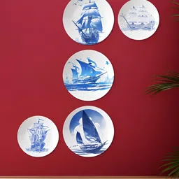 THE QUIRKY HOME 5 Pieces Blue & White Sailing Vessels in Silhouette Ceramic Wall Plates-image-93