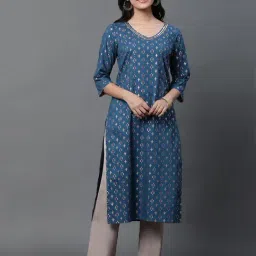 Aurelia Blue Cotton Printed Straight Kurta-image-9