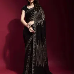 Odette Black & Golden Embellished Saree With Unstitched Blouse-image-17