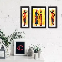 eCraftIndia Set of 3 Tribal Lady Satin Matt Texture UV Art Painting image 1