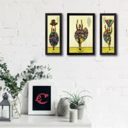 eCraftIndia Set of 3 Dancing Tribal Lady Satin Matt Texture UV Art Painting image 1