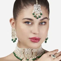 Zaveri Pearls Green Bridal Multistrand Kundan Necklace, Earring, Maangtikka & Ring Set-ZPFK13169-picture-12