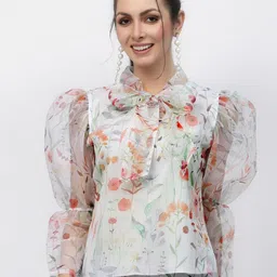 Fabway Clothing Floral Print Tie-Up Neck Puff Sleeve Top-image-26
