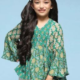 BIBA Girls Kids Green Printed Full Sleeves Top-picture-11