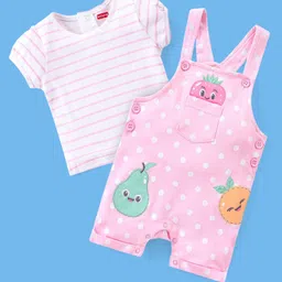 Babyhug 100% Cotton Polka Dots Printed Dungaree with Half Sleeves Striped Inner Tee - White & Pink-image-44