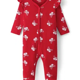 Doodle Poodle Cotton Knit Full Sleeves Frill Detailed Sleep Suit With Butterflies Print - Red-picture-10