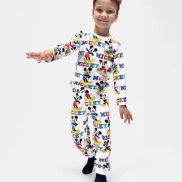 Babyhug Disney Cotton Knit Full Sleeves Night Suit With Mickey Mouse Print - White-picture-37