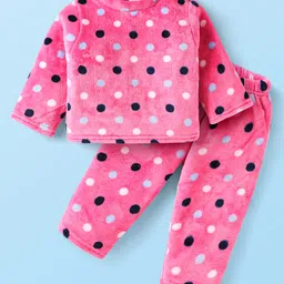 Babyhug Velour Knit Full Sleeves Winter Night Suit With Polka Dot Print - Dark Pink-picture-19