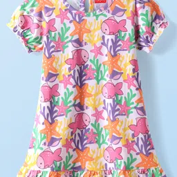 Babyhug Cotton Knit Puffed Sleeves Nighty With Sea Life Print - Pink & White-picture-23