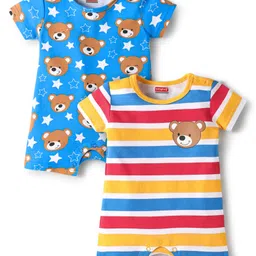 Babyhug Interlock Knit Half Sleeves Romper with Stripes & Animal Print Pack of 2 - Blue & Yellow-picture-13