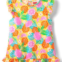 Babyhug Cotton Knit Sleevesless Nighty With Frill Detailing & Tropical Print - Yellow-picture-9