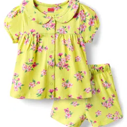 Babyhug Cotton Knit Half Sleeves Co-ord Shorts Night Suit With Floral Print - Yellow-picture-28