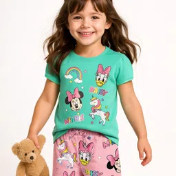 kookie kids india disney Kookie Kids Disney Single Jersey Knit Half Sleeves Shorts Night Suit With Minnie Mouse Print - Sea Green & Pink-picture-35