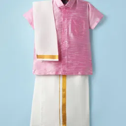 Dapper Dudes Cotton Silk Woven Half Sleeves Solid Shirt With Placement Foil Striped Mundu & Foil Striped Angavastram Set - Baby Pink-picture-13