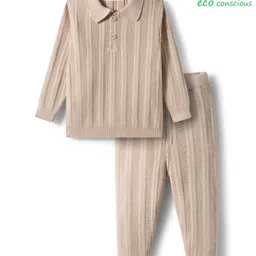 Babyoye Cotton Knit Full Sleeves Pullover Sweater Set with Stripes - Beige-image-94