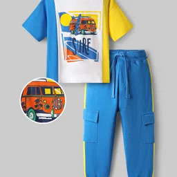OLLINGTON ST. Cotton Half Sleeves Printed T-Shirt & Joggers Set - Blue-image-43