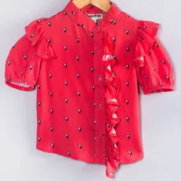 Hugsntugs Cotton Woven Half Puffed Sleeves Toucans Printed Shirt Style Top - Red-image-35
