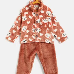 JWAAQ Cotton Knit Full Sleeves Bunny Designed & Fur Detailed Hooded Sweater With Pant Set - Rust-picture-26