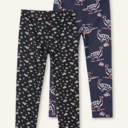 Ariel Cotton Knit Pack Of 2 Dinosaur & Floral Printed Leggings - Black & Navy Blue-picture-20