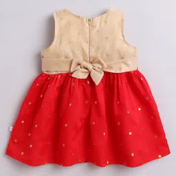 Many frocks & Woven Sleeveless Polka Dots Foil Printed Gota Lace Embellished Dress - Red & Beige image 3