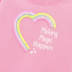 Little Kangaroos Cotton Knit Full Sleeves Sweatshirt Sequin & Text Print - Ballet Pink image 3