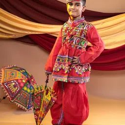 Banjara India Cotton Blend Woven Full Sleeves Navratri Theme Banjara Embroidered Kediya And Coordinating Dhoti Set With Cap - Red image 4