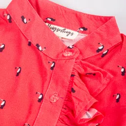 Hugsntugs Cotton Woven Half Puffed Sleeves Toucans Printed Shirt Style Top - Red image 4