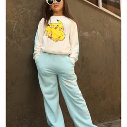 Nap Chief Cotton Blend Knit Pokemon Featuring Full Sleeves Pikachu Printed Relaxed Fit Winter Sweatshirt With Trousers Set - Off White image 4