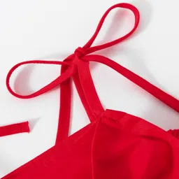 Kookie Kids Off Shoulder Sleeves Solid Color Jumpsuit with Bow Applique - Red image 4