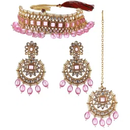 Aatmana Gold-Plated Pink & White Kundan Studded & Pearl Beaded Necklace Set image 4