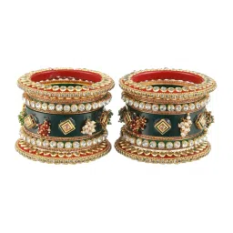 Aatmana Gold-Plated White Stone-Studded & Beaded Green Chuda Bangles - Set of 18 image 4
