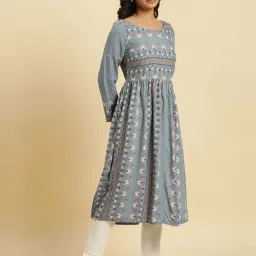 W Blue Printed Fit and Flare Kurta image 4
