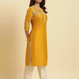 W Mustard Embroidered Straight Kurta image 4
