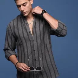 showoffff Showoff Charcoal Cotton Slim Fit Striped Shirt image 1