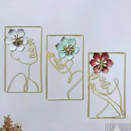 Art Street Pink Metal Wall Art Hanging Flower With Women Face - Set of 3 image 1
