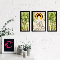 eCraftIndia Set of 3 Meditating Lord Buddha Satin Matt Textured UV Art Painting image 1