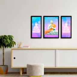 eCraftIndia Set of 3 Meditating Lord Buddha Satin Matt Textured UV Art Painting image 3