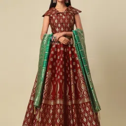 PURVAJA Maroon Printed Stitched Lehenga & Unstitched Blouse With Dupatta image 1