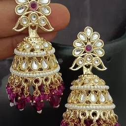 EVY Floral Gold-Plated Kundan Studded & Artificial Beaded Dome Shaped Jhumkas-picture-15